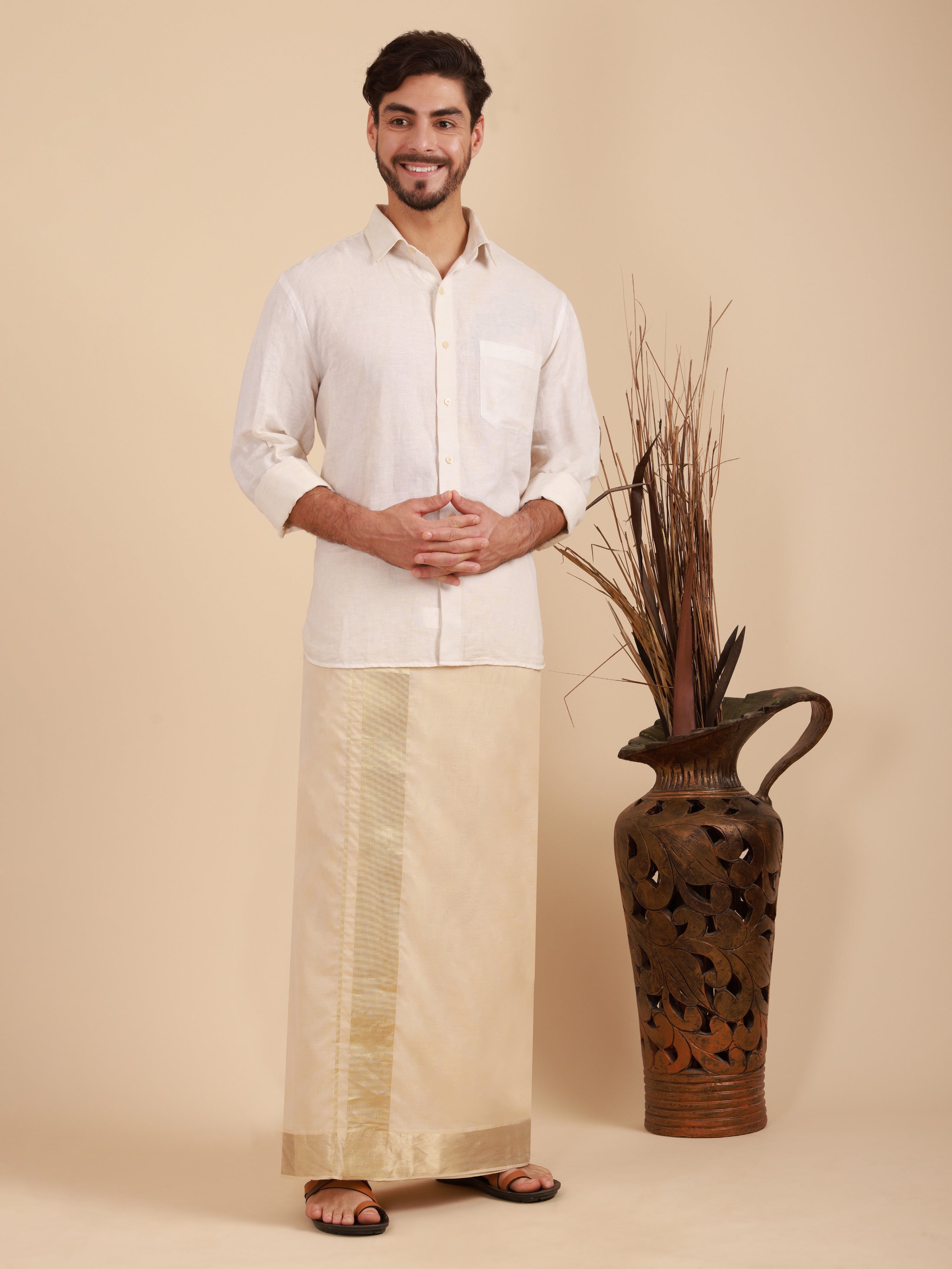 Men Super Fine 2 Ply Cotton Bamboo Solid Beige Colour Premium Jari Dhoti