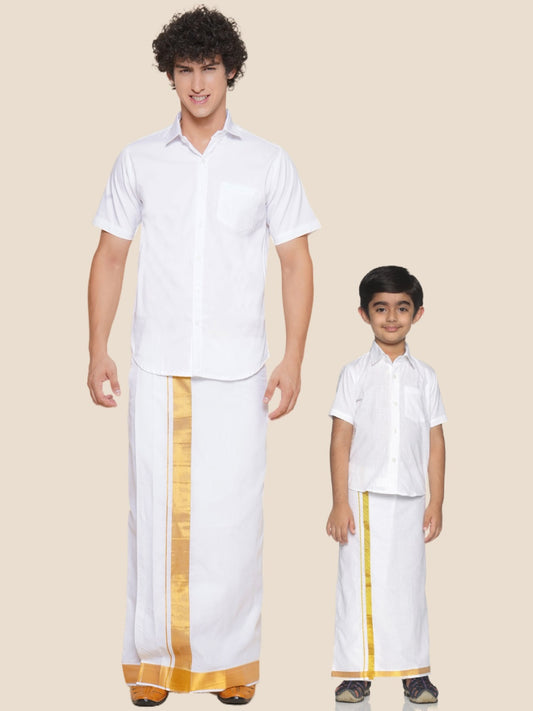 Father Son Matching White Colour Cotton Shirt Dhoti Set
