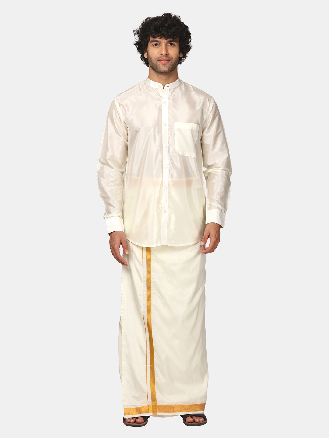 Men Artsilk Mandarin Collar Shirt and Readymade Dhoti Set