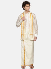 Men Cream Colour Art Silk Dhoti Angavastram Combo Set