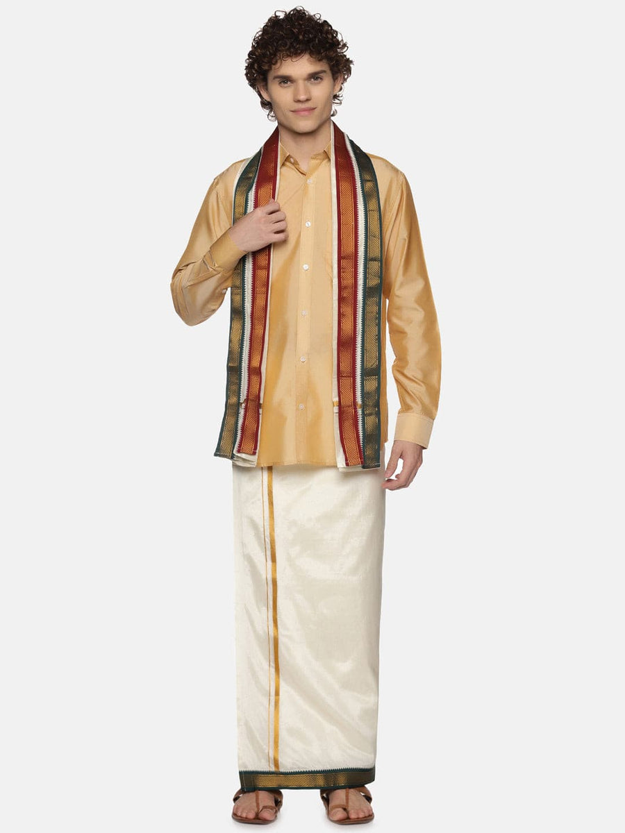 Men Cream Colour Art Silk Dhoti Angavastram Combo Set