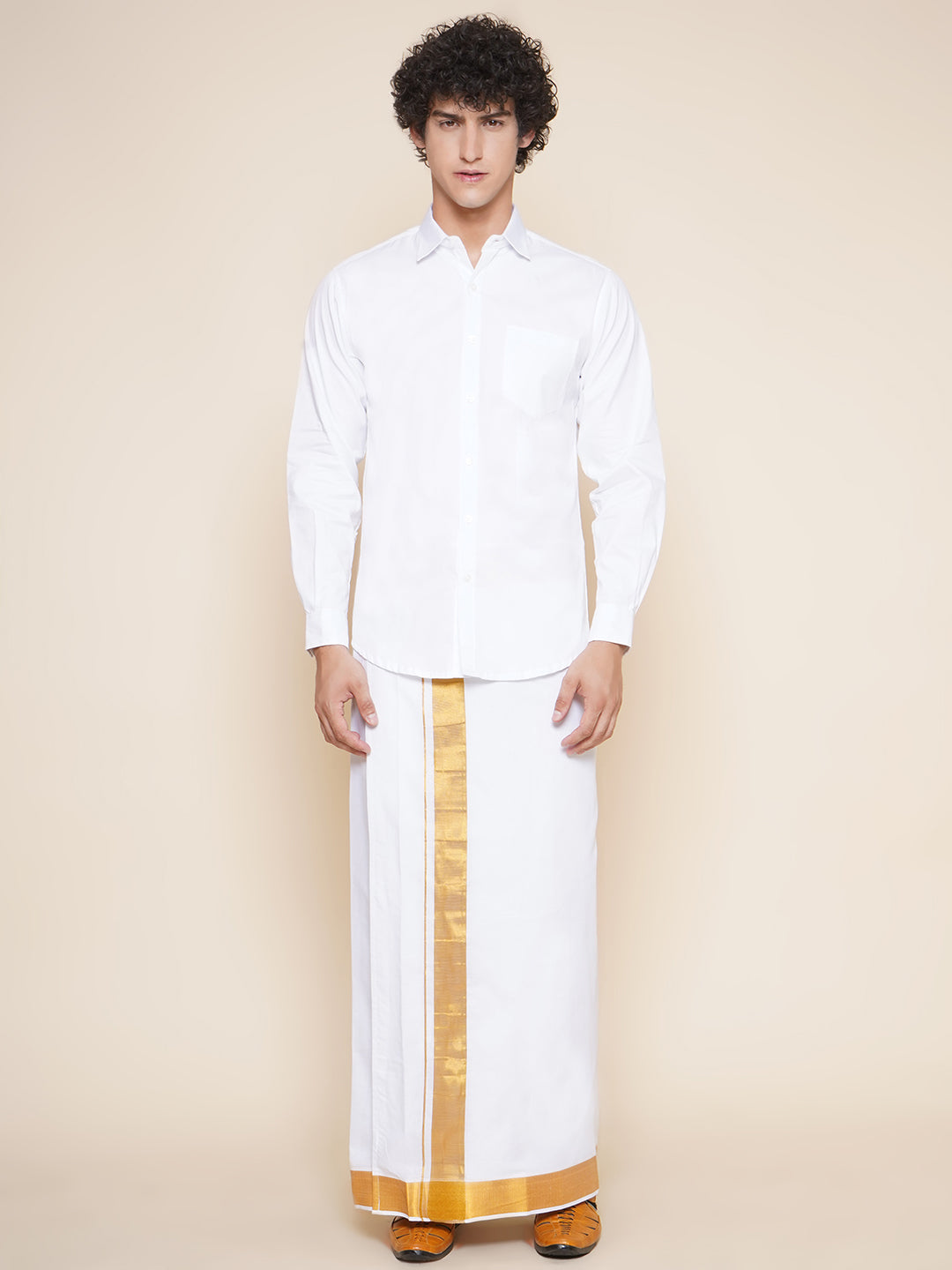 Men Full Sleeve White Colour Shirt and Pocket Dhoti Set