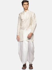 Men Off White Colour Art Silk Kurta Dhoti Pant Set