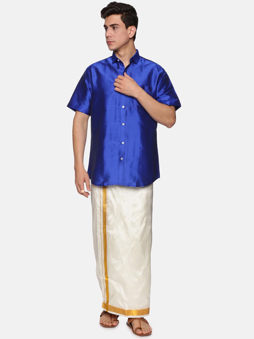 Men Solid Colour Half Sleeve Shirt Pocket Dhoti Set