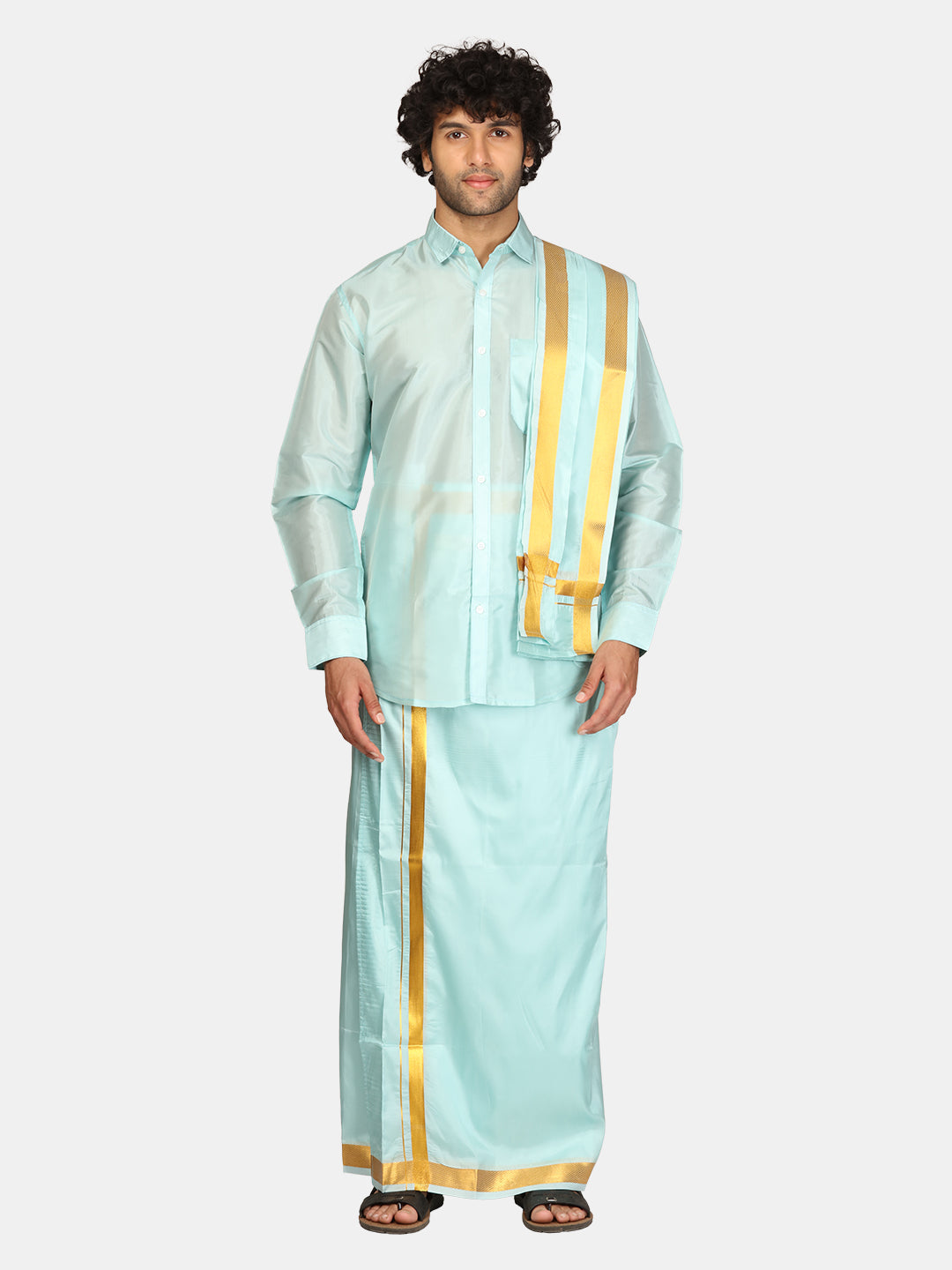 Men's wear combo pack features cream color polyester full-sleeve readymade  shirt, zari border dhoti & angavastram