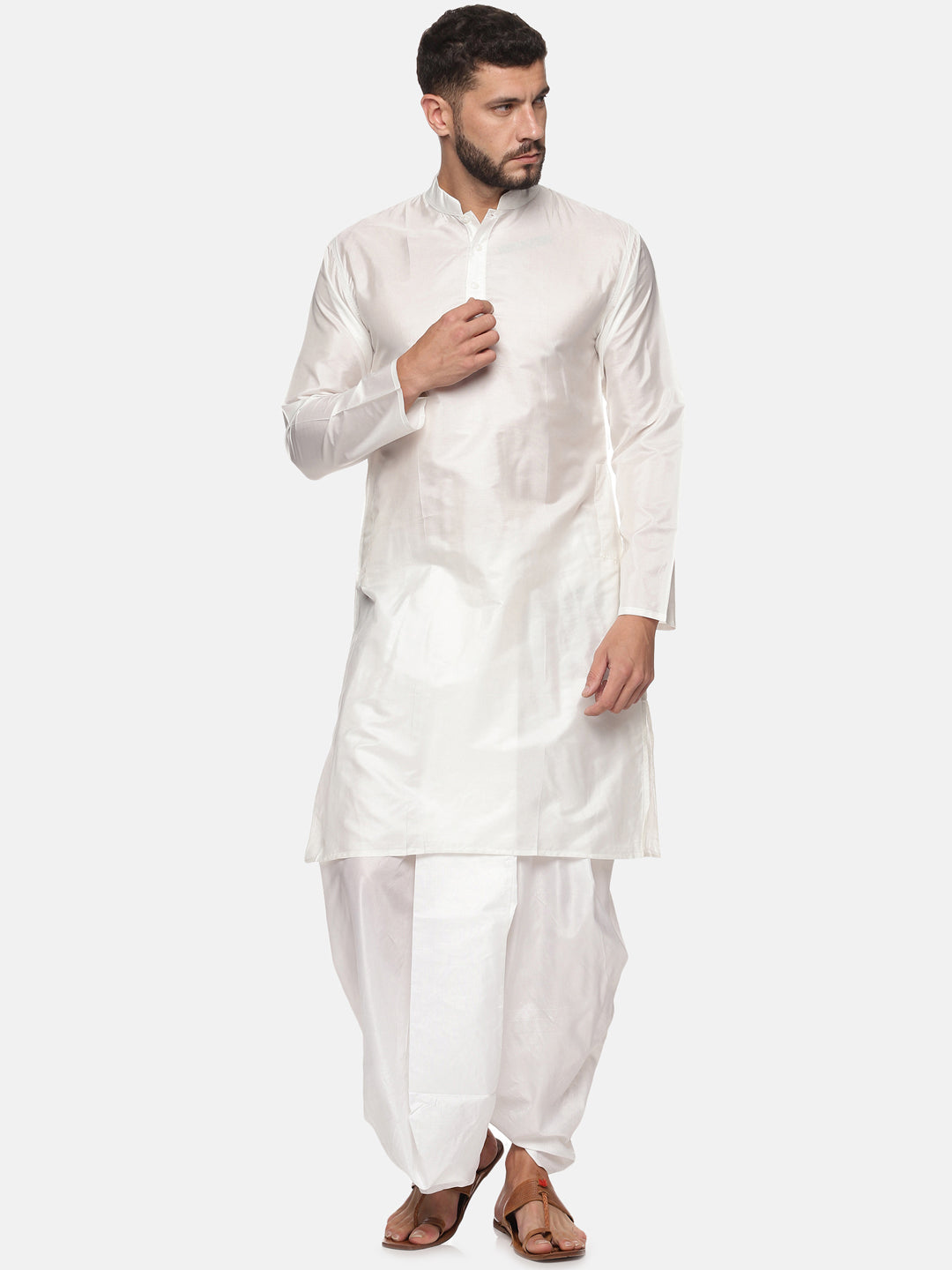 Men White Colour Art Silk Kurta Dhoti Pant Set
