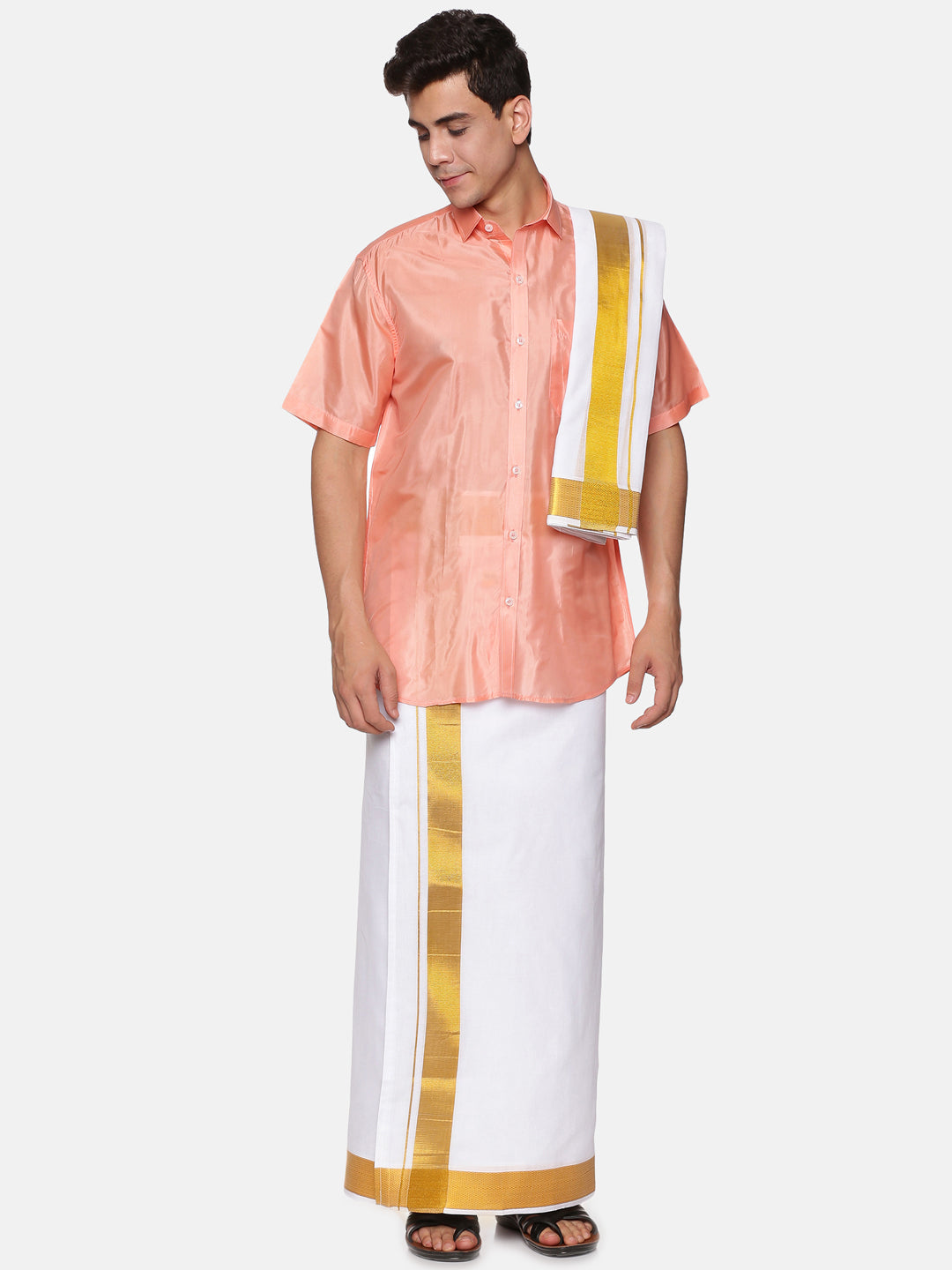 Mens Art Silk Peach Shirt With White Dhoti And Angavastram