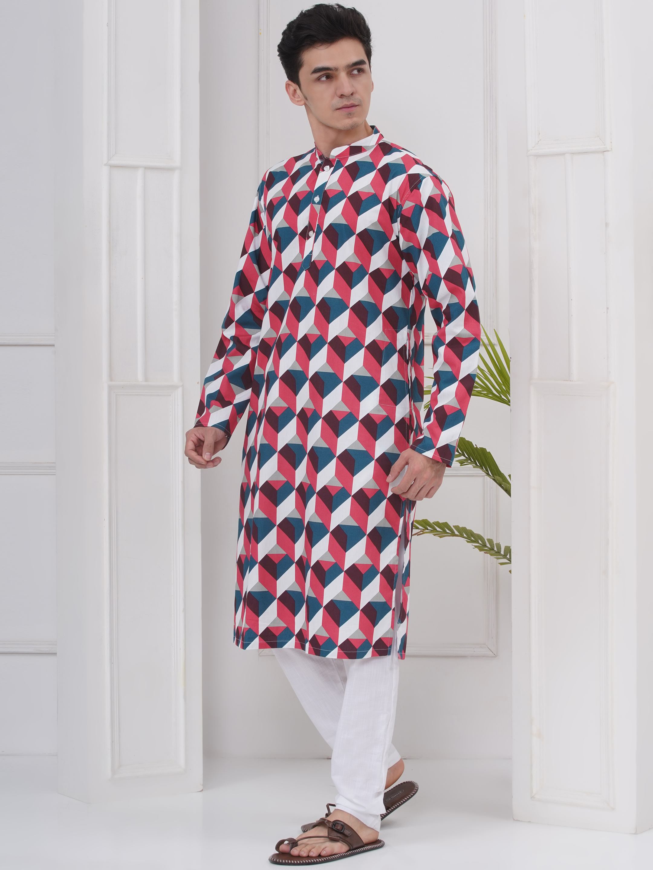 Mens Readymade Cotton Popline Print Kurta And Pyjama Set