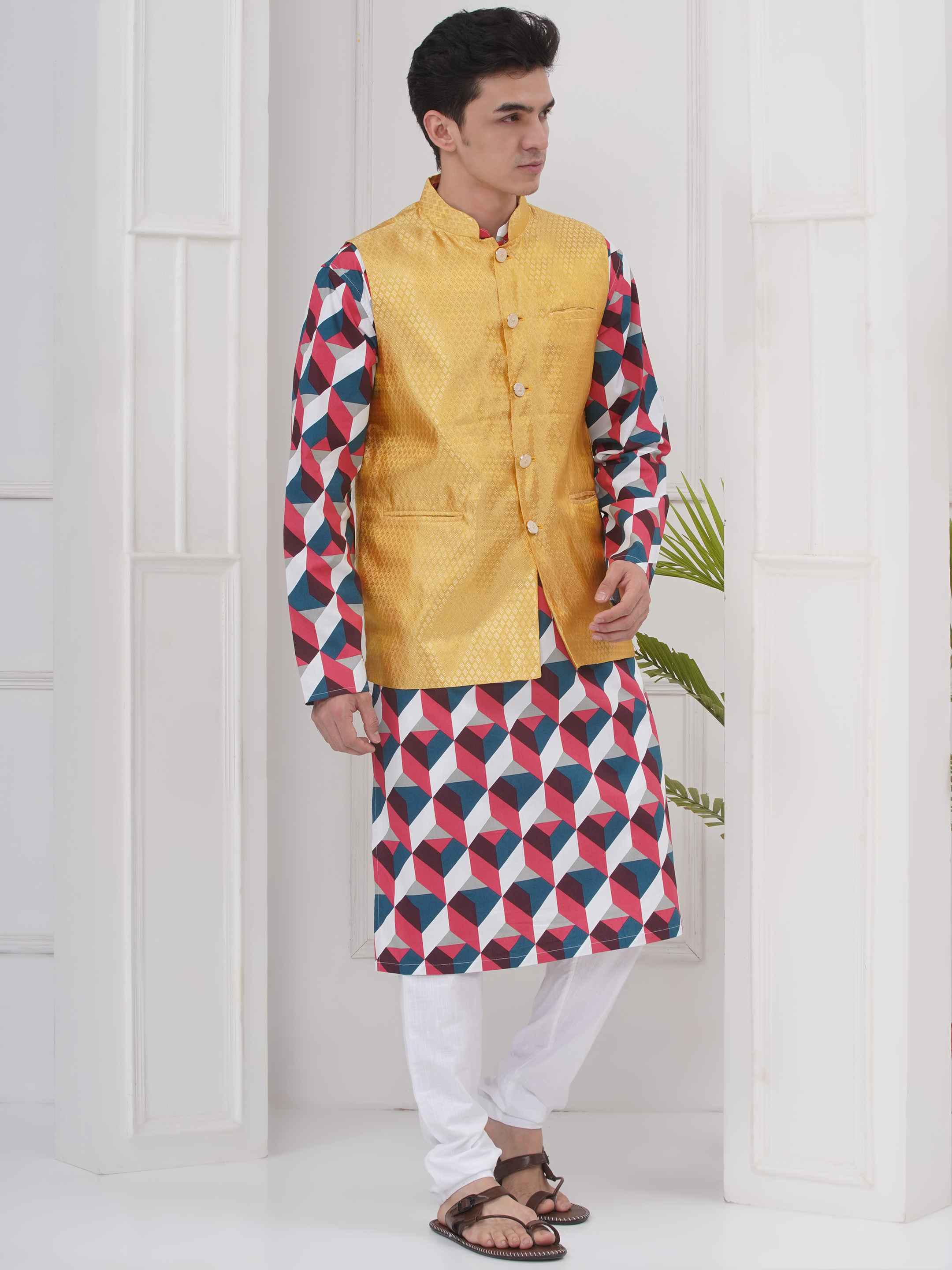Mens Readymade Cotton Popline Print Kurta And Pyjama with Nehru Jacket