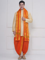 Men Beige Silk Cotton Kurta DhotiPant And Angavastram Set