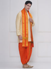 Men Beige Silk Cotton Kurta DhotiPant And Angavastram Set