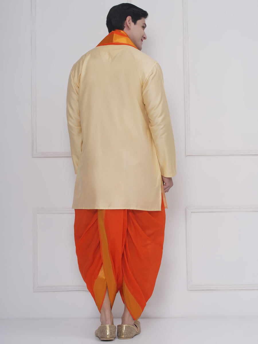 Men Beige Silk Cotton Kurta DhotiPant And Angavastram Set