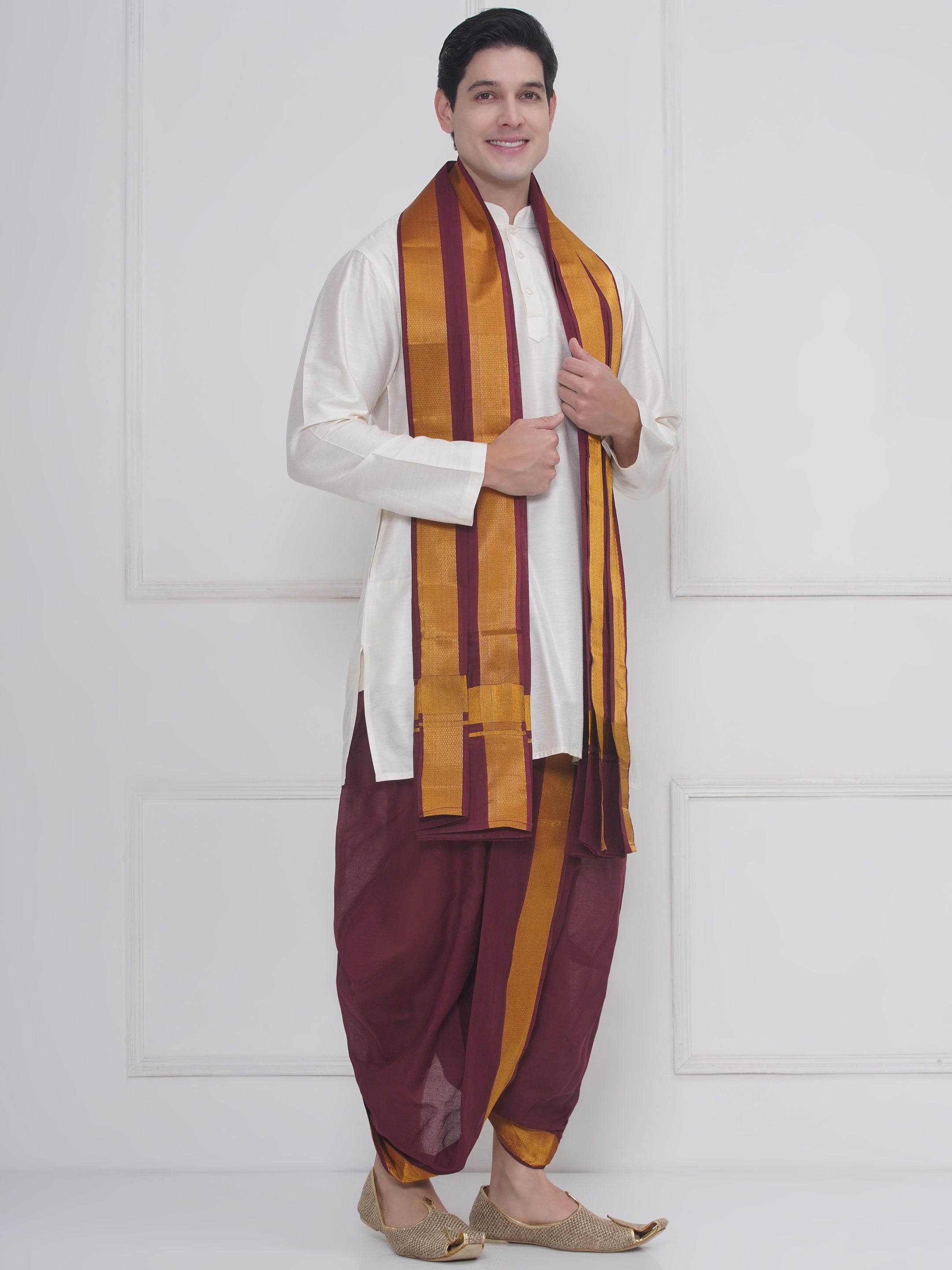 Mens Silk Cotton Kurta DhotiPant And Angavastram Set