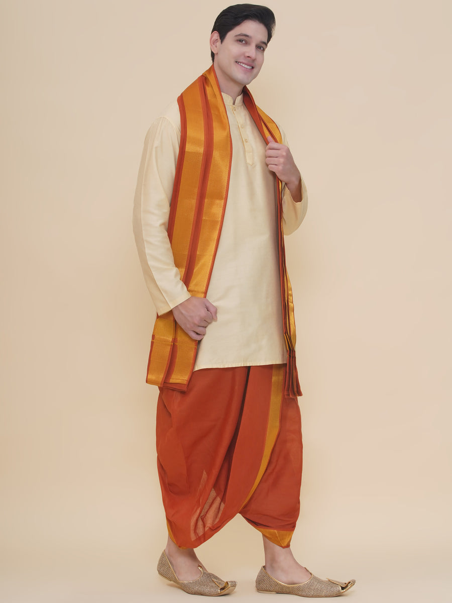 Men Beige Silk Cotton Kurta DhotiPant And Angavastram Set