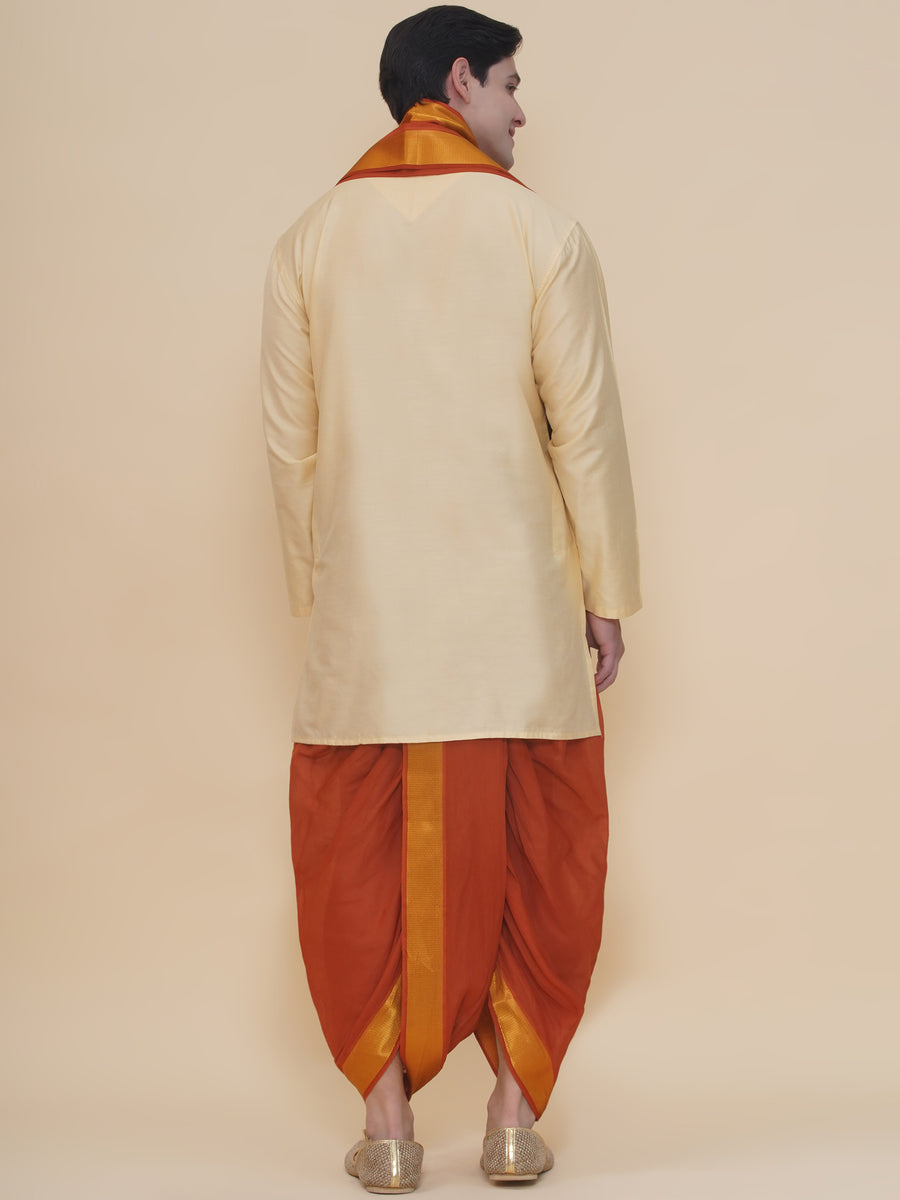 Men Beige Silk Cotton Kurta DhotiPant And Angavastram Set