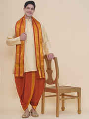 Men Beige Silk Cotton Kurta DhotiPant And Angavastram Set