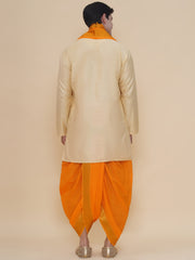 Men Beige Silk Cotton Kurta DhotiPant And Angavastram Set