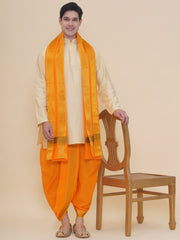 Men Beige Silk Cotton Kurta DhotiPant And Angavastram Set