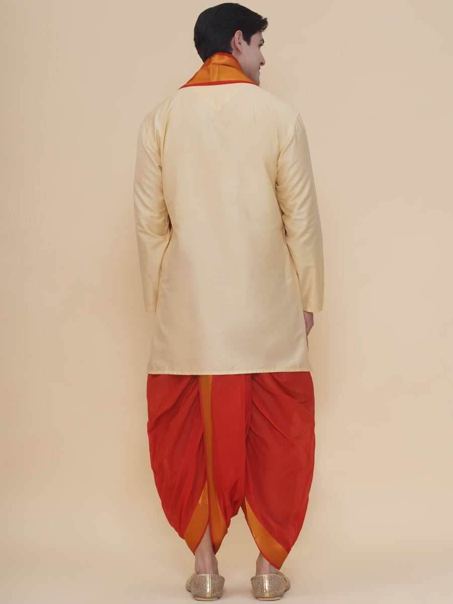 Men Beige Silk Cotton Kurta DhotiPant And Angavastram Set