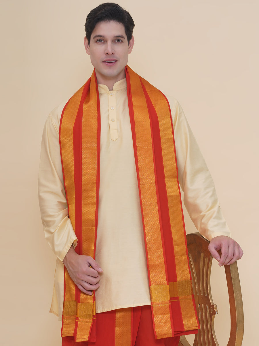 Men Beige Silk Cotton Kurta DhotiPant And Angavastram Set