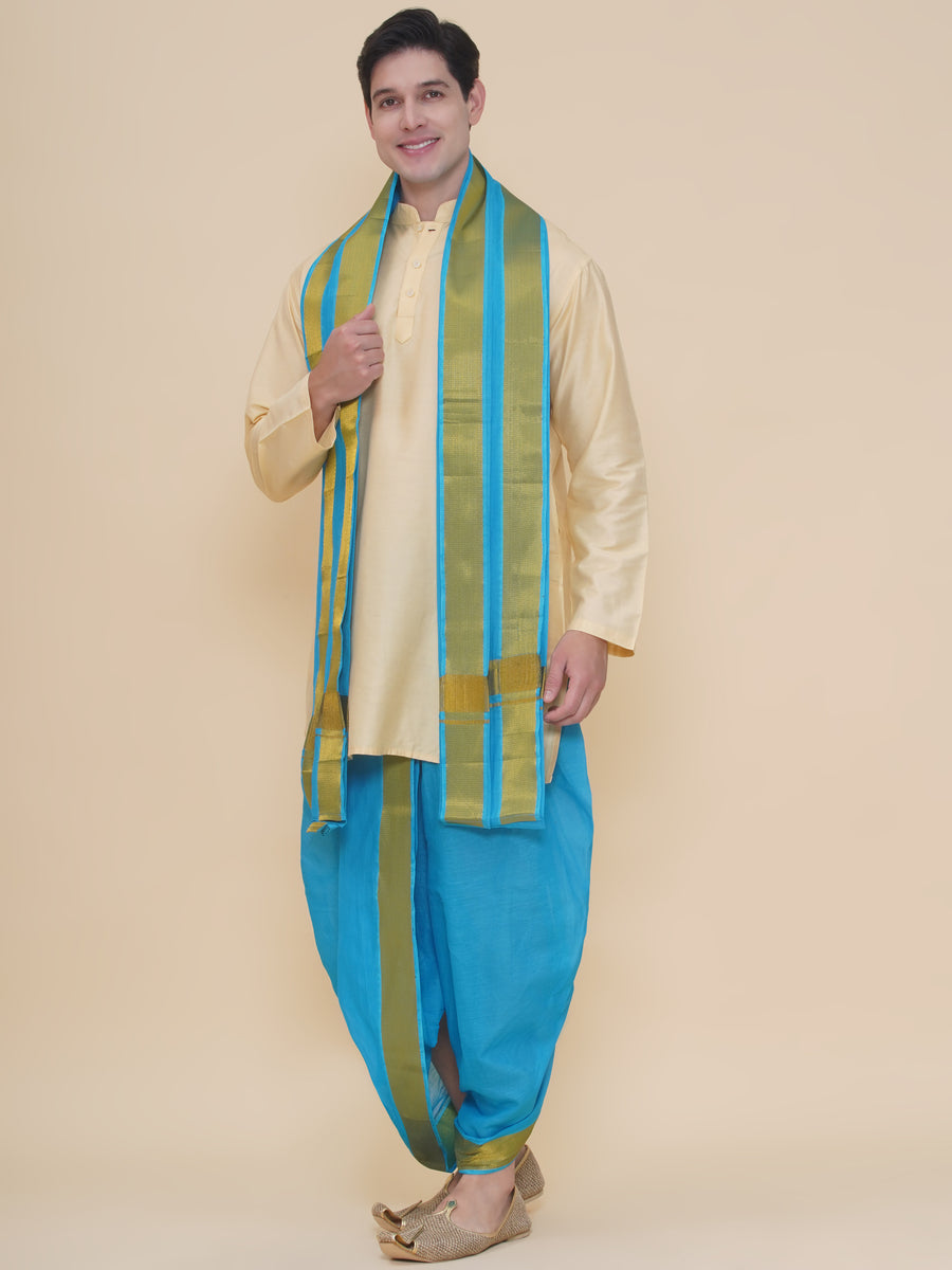 Men Beige Silk Cotton Kurta DhotiPant And Angavastram Set