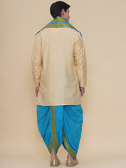 Men Beige Silk Cotton Kurta DhotiPant And Angavastram Set