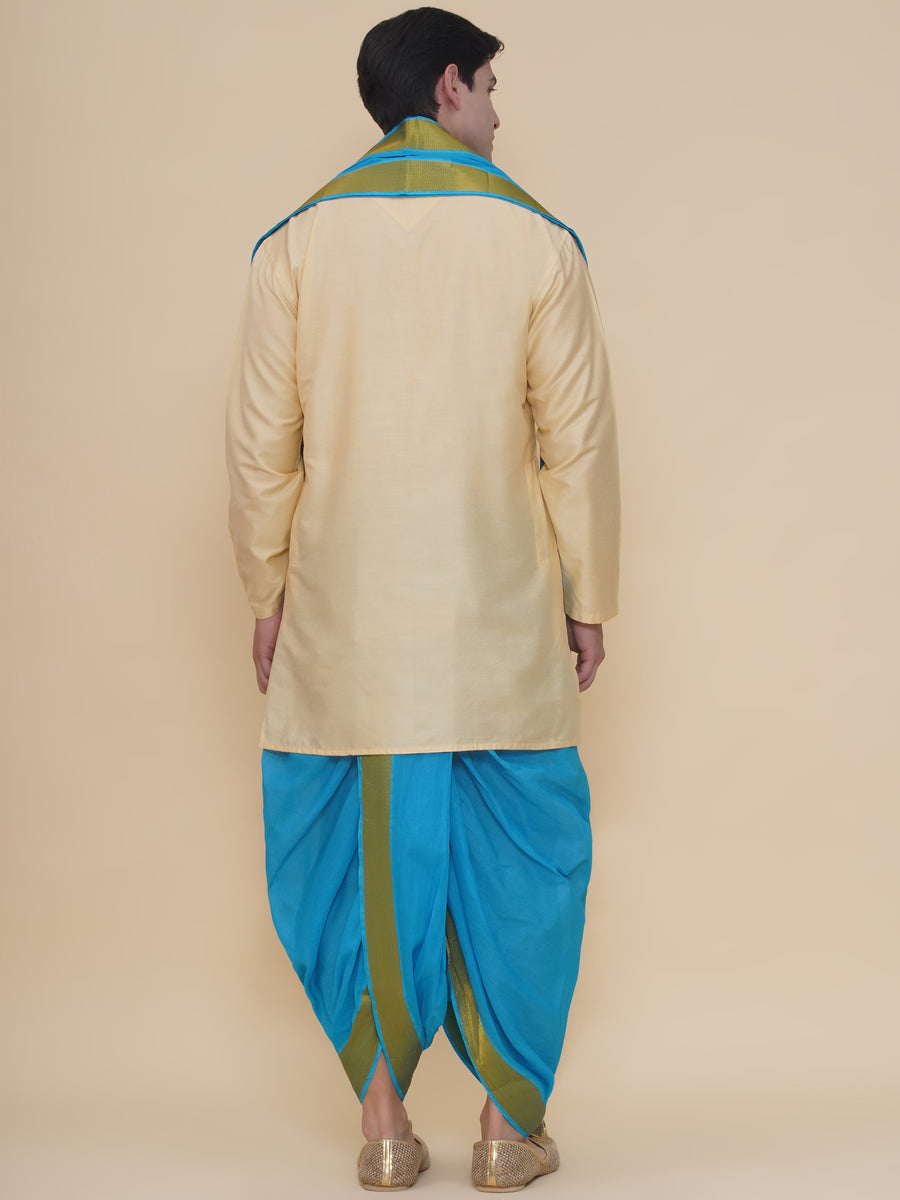 Men Beige Silk Cotton Kurta DhotiPant And Angavastram Set