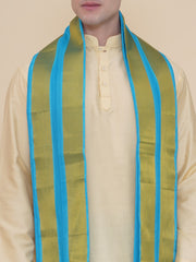 Men Beige Silk Cotton Kurta DhotiPant And Angavastram Set