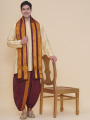 Men Beige Silk Cotton Kurta DhotiPant And Angavastram Set