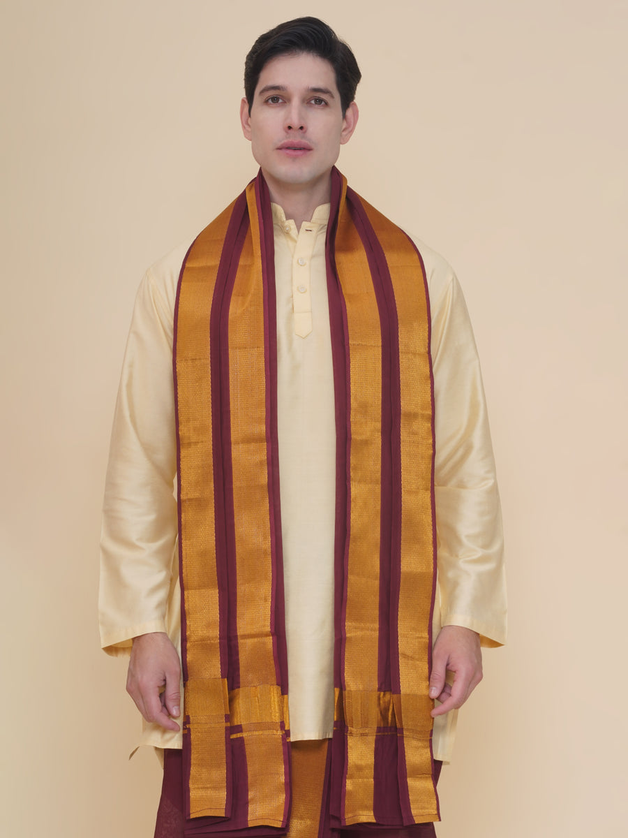 Men Beige Silk Cotton Kurta DhotiPant And Angavastram Set