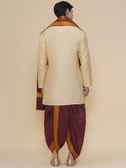 Men Beige Silk Cotton Kurta DhotiPant And Angavastram Set