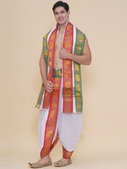 Men White Colour Satin Jacquard Border DhotiPant And Angavastram Set