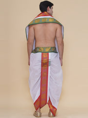 Men White Colour Satin Jacquard Border DhotiPant And Angavastram Set