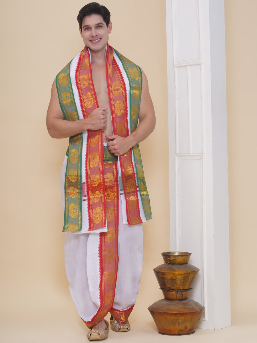 Men White Colour Satin Jacquard Border DhotiPant And Angavastram Set