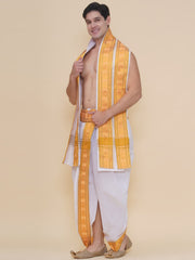 Men White Colour Cotton Tissue Border DhotiPant And Angavastram Set