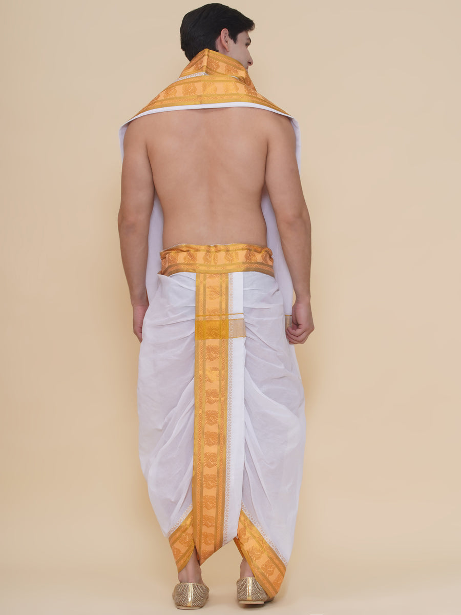 Men White Colour Cotton Tissue Border DhotiPant And Angavastram Set