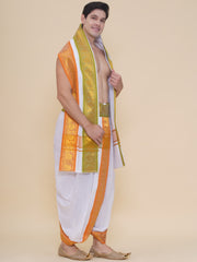 Men White Colour Satin Jacquard Border DhotiPant And Angavastram Set