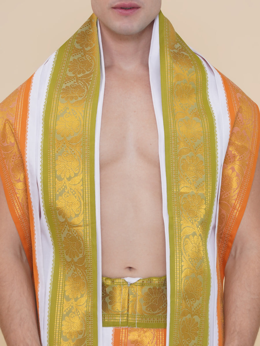 Men White Colour Satin Jacquard Border DhotiPant And Angavastram Set