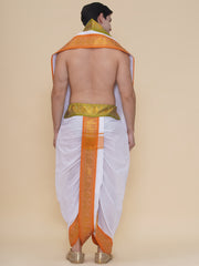 Men White Colour Satin Jacquard Border DhotiPant And Angavastram Set