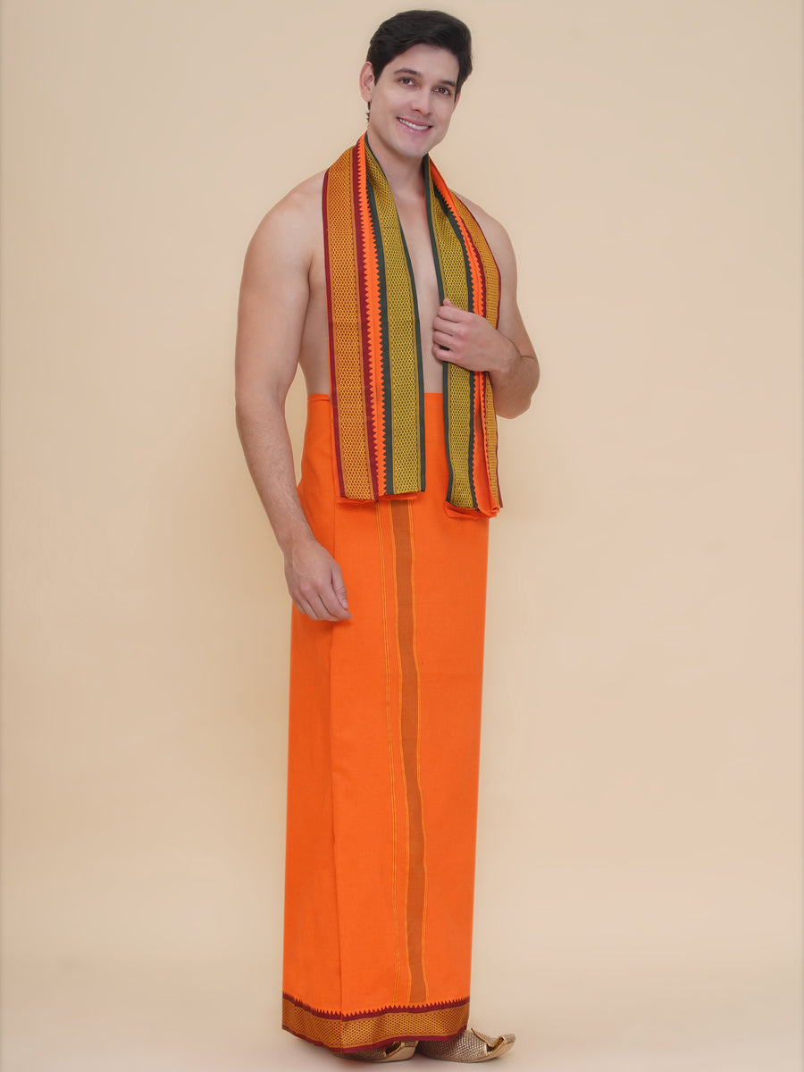 Men 100K colour Border Dhoti with Angavastram Set