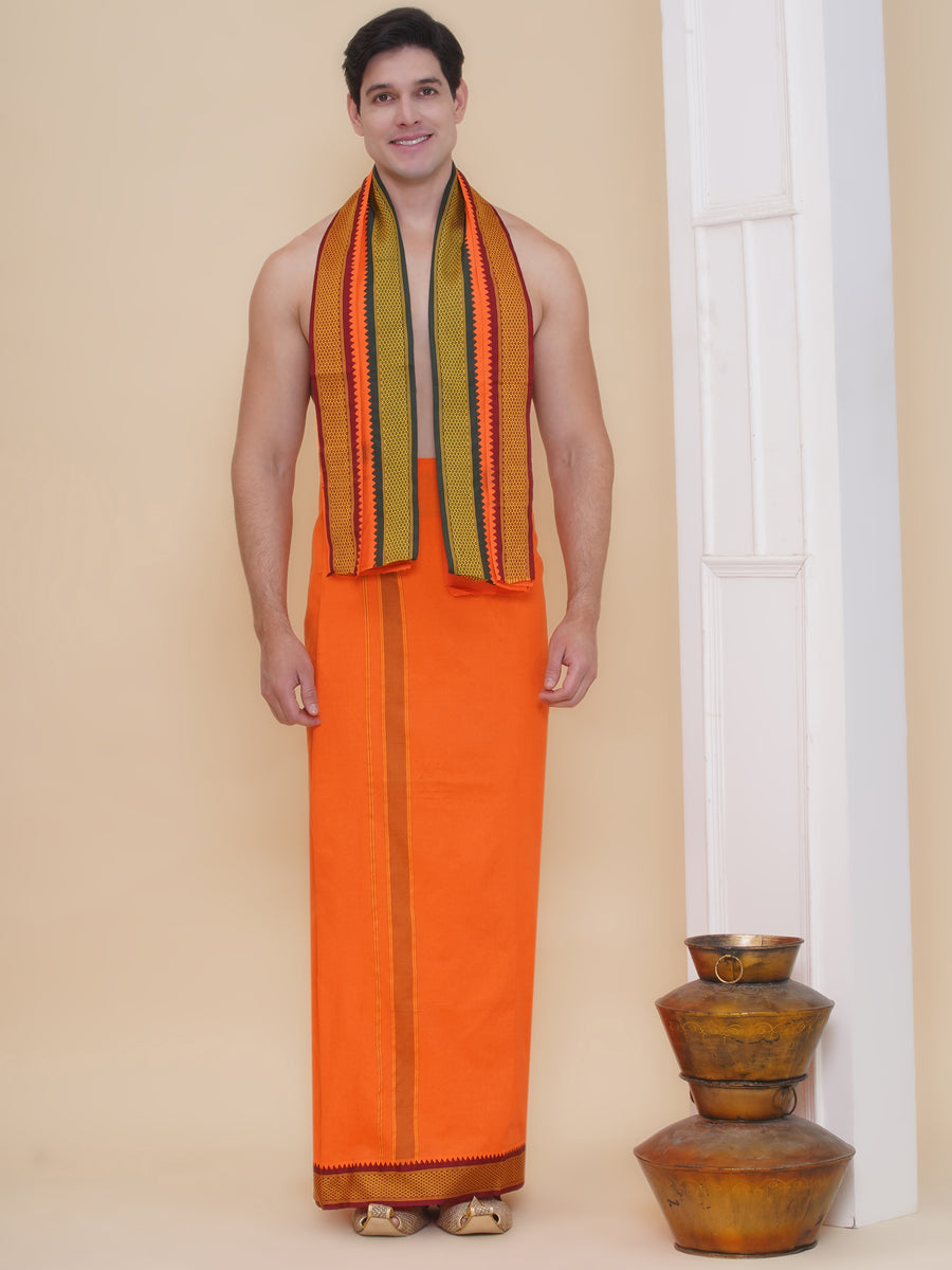 Men 100K colour Border Dhoti with Angavastram Set