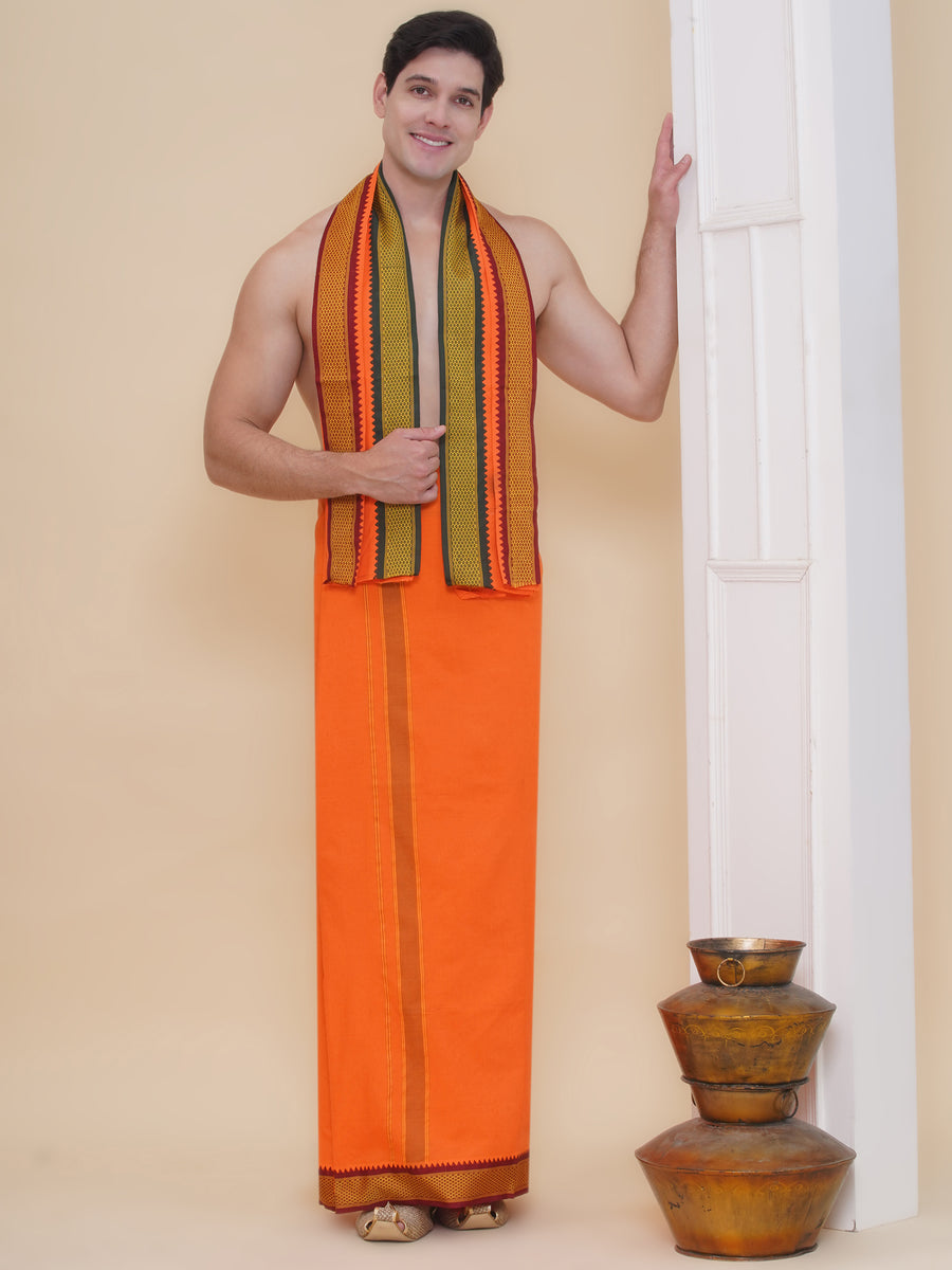 Men 100K colour Border Dhoti with Angavastram Set