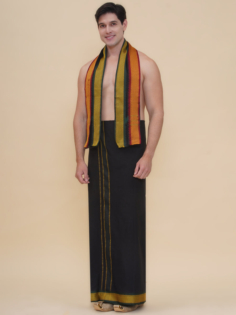 Men 100K colour Border Dhoti with Angavastram Set