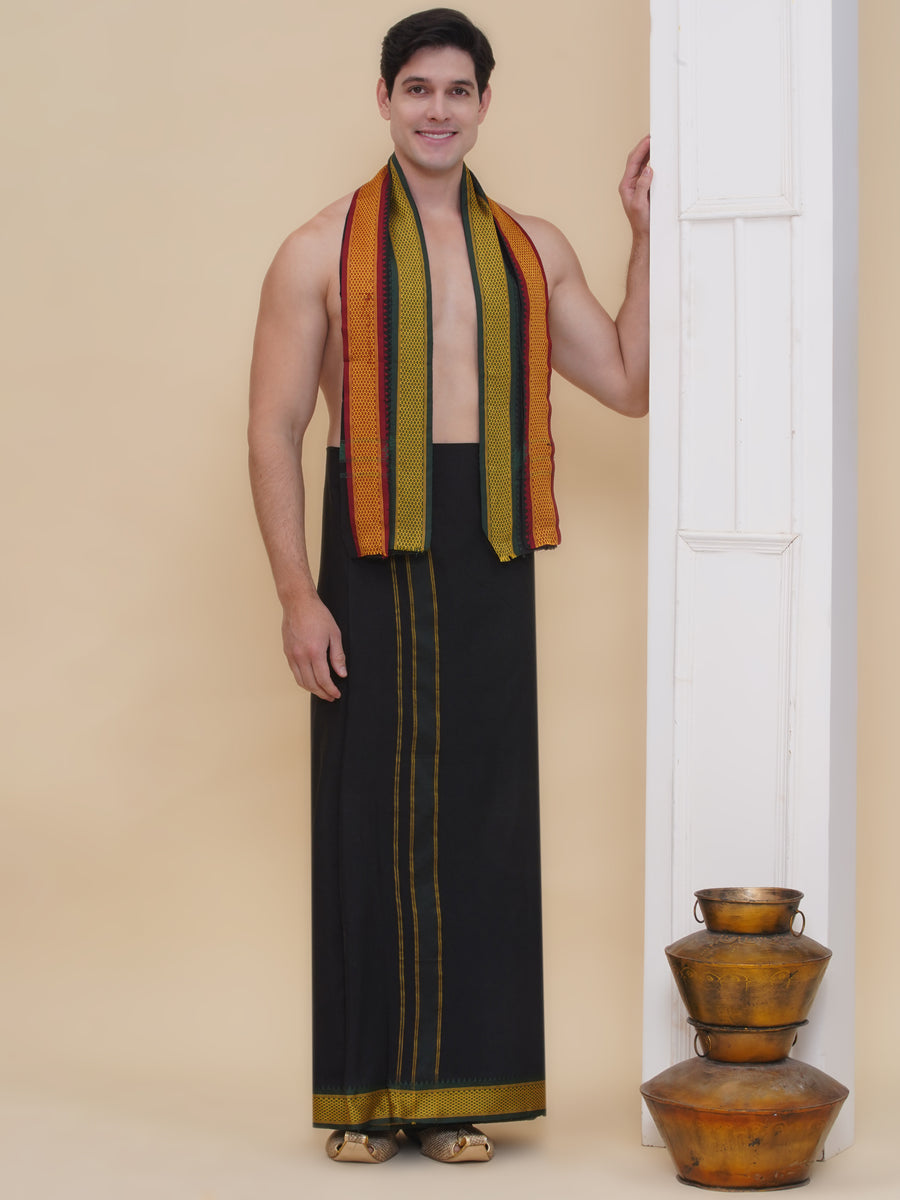 Men 100K colour Border Dhoti with Angavastram Set