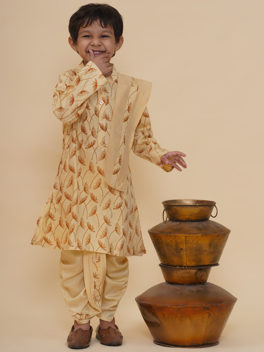 Boys Soft Silk Kurta DhotiPant And Angavastram Set