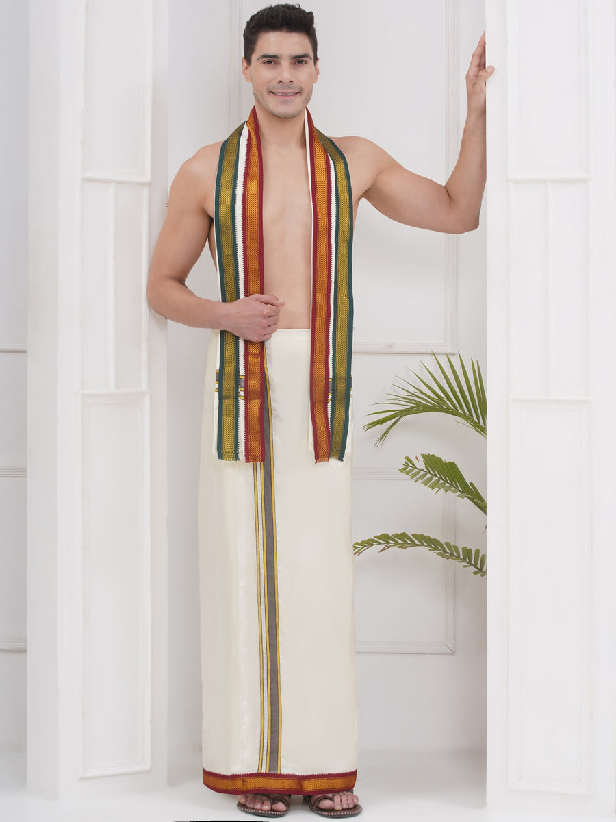 PATTU MIX 5KAN CREAM UNSTITCHED ANGAVASTRAM