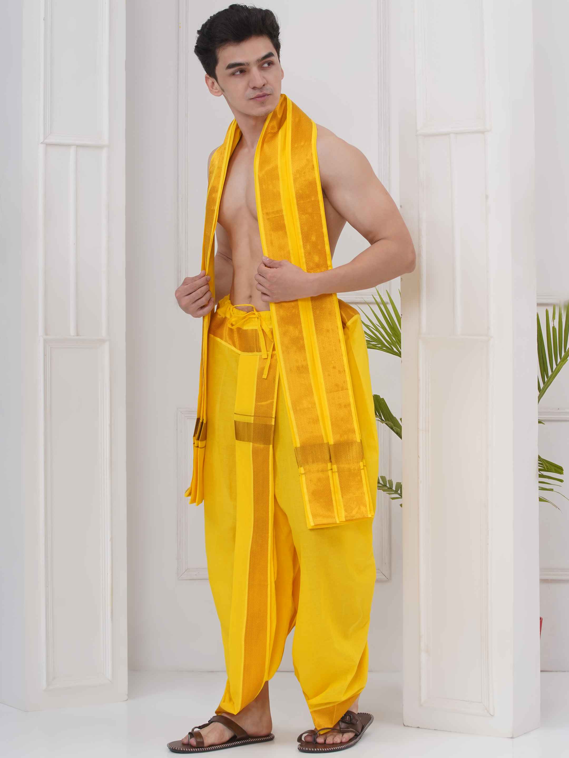 Mens Yellow Colour Readymade DhotiPant with Angavastram Set