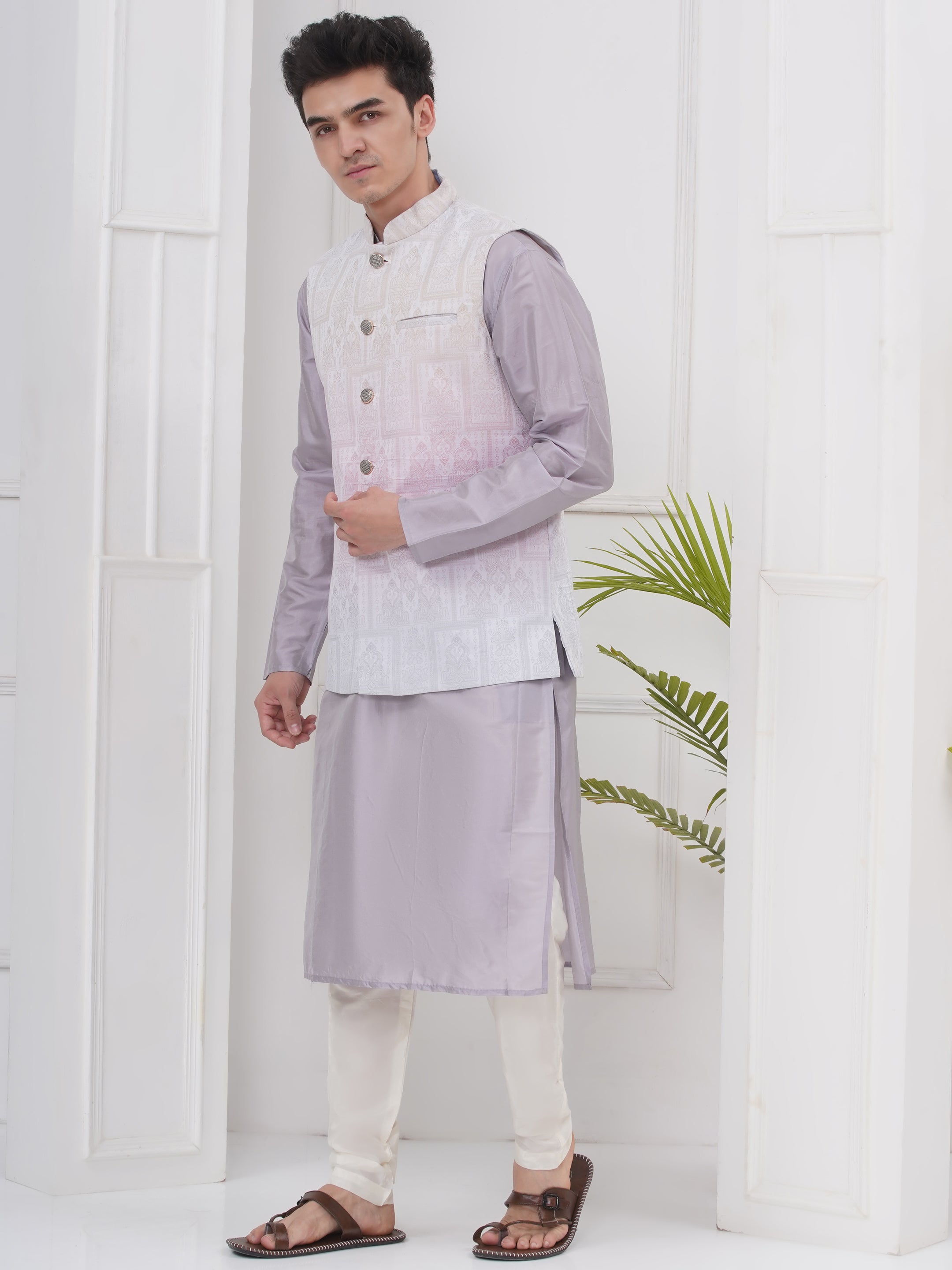 Mens Readymade Cotton Popline Print Kurta And Pyjama with Nehru Jacket