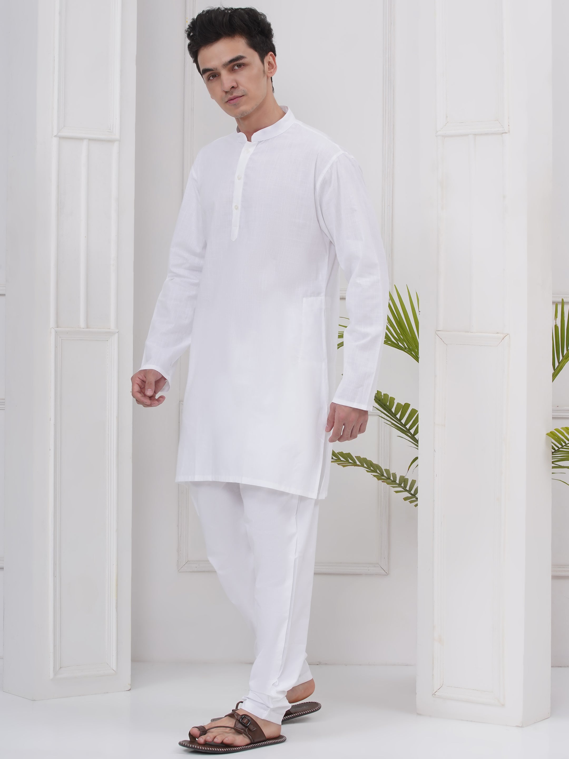 Mens Readymade Mandarin Collar Solid  Kurta with Pyjama Set