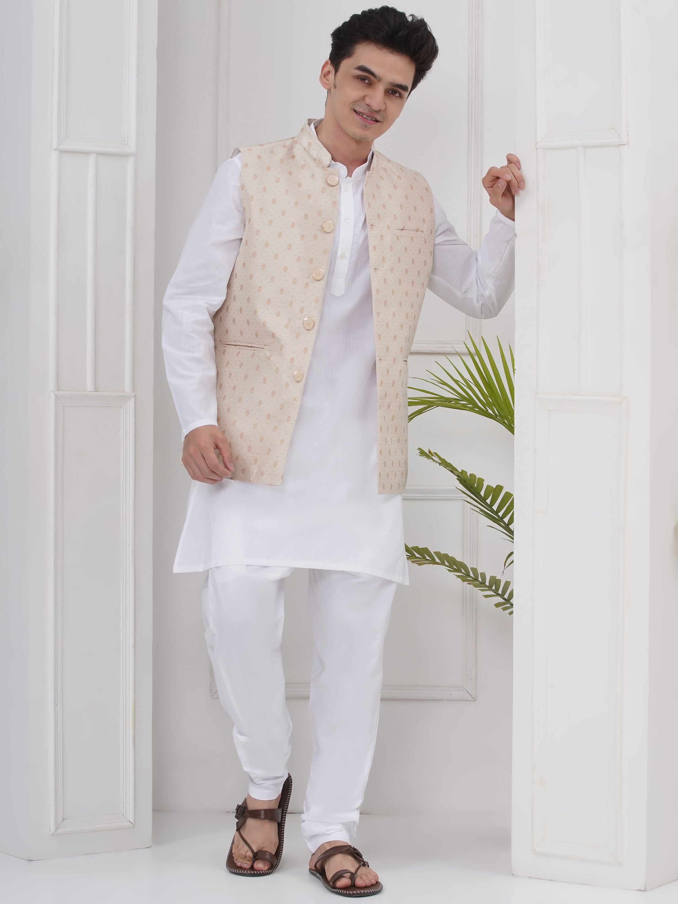 Mens Readymade Cotton Popline Print Kurta And Pyjama with Nehru Jacket
